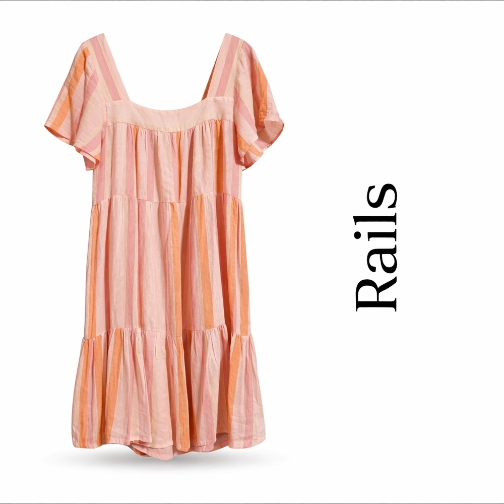 Rails Dawn Stripe Mini Dress XS Pink Peach Boho Tiered Flutter Sleeve Chic - Picture 3 of 11